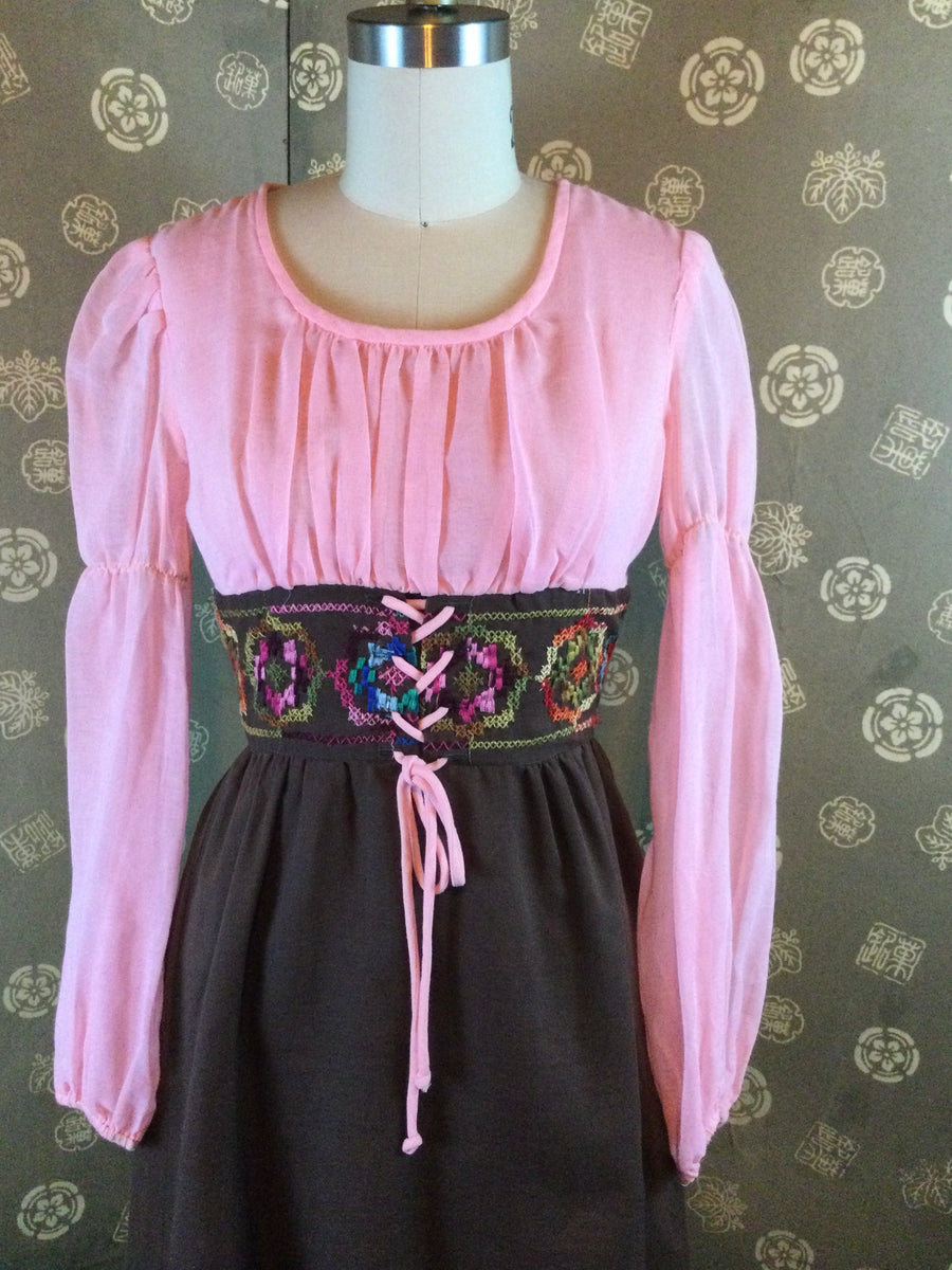 70s corset dress Vintage 70s Patchwork Peasant Birds and Botanical Prairie Corset Bust Dress