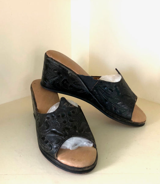 1950s Tooled Leather Wedge Mules