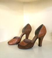 1940s Suede and Tooled Leather D'Orsay Pumps