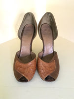 1940s Suede and Tooled Leather D'Orsay Pumps