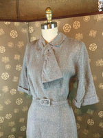 1940s Grey Boucle Dress with Scarf Neckline