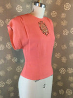 1940s Coral Beaded Blouse by Gene Bart