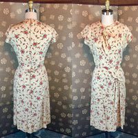 1940s Roses Novelty Print Dress with Asymmetric Shirring