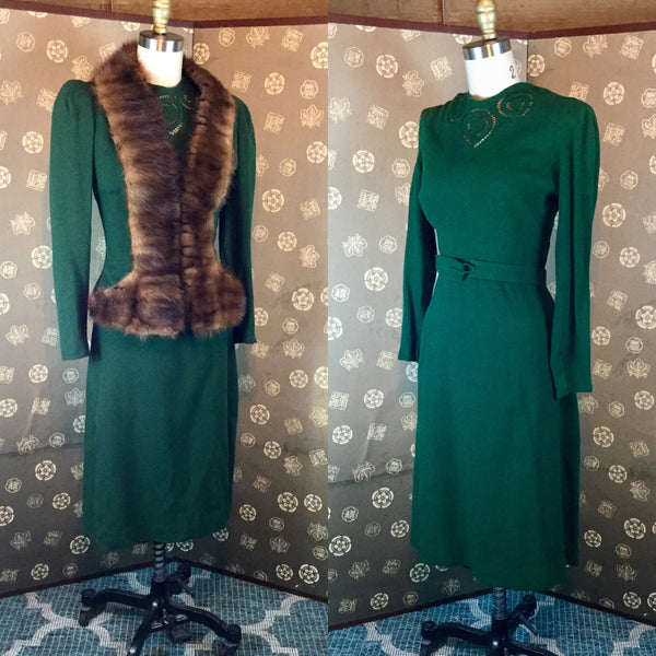 1930s Forest Green Dress Set with Fur Trim Hollyland Vintage 1930s Forest Green Dress Set with Fur Trim Hollyland Vintage