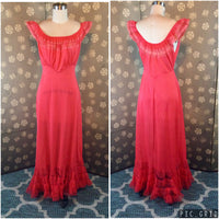 1950s Red Ruffled Nightgown by Evette