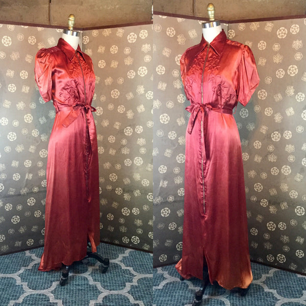 1940s Copper Satin Trapunto Dressing Gown with Train
