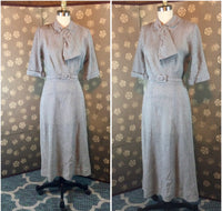 1940s Grey Boucle Dress with Scarf Neckline
