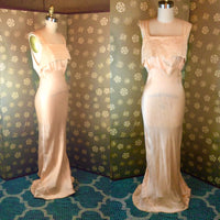 1930s Bias Peach Satin and Lace Nightgown