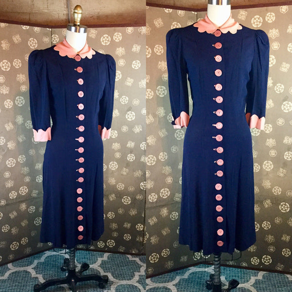 1940s Pink & Navy Scallop Detail Dress