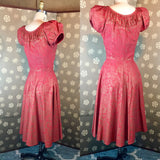 1950s Red & Gold Puff Sleeve Dress