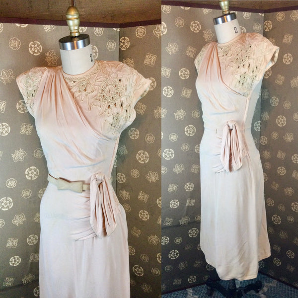 1940s Crepe Dress with Cording and Cutwork