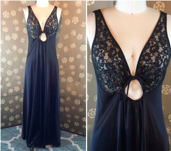1970s Black Olga Lace and Tricot Nightgown
