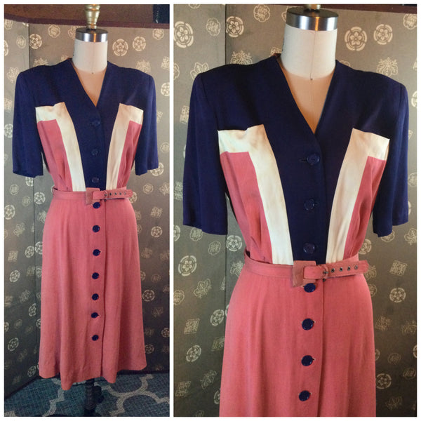 1940s Colorblock Gabardine Dress