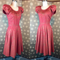 1950s Red & Gold Puff Sleeve Dress