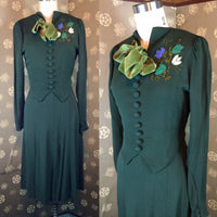 1930s Forest Green Dress with Beading