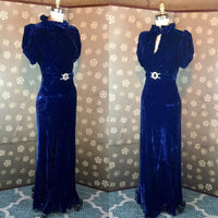 1930s Blue Velvet Evening Gown