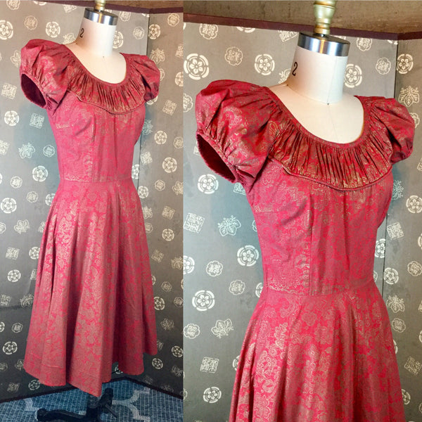 1950s Red & Gold Puff Sleeve Dress