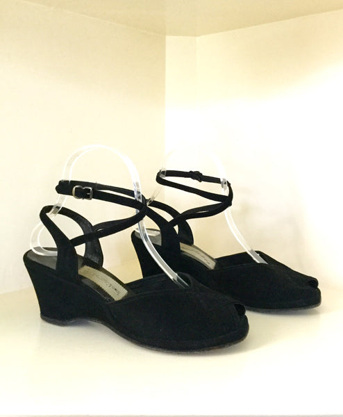 1940s Black Suede Wraparound Ankle Strap Wedges