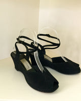 1940s Black Suede Wraparound Ankle Strap Wedges