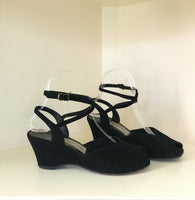 1940s Black Suede Wraparound Ankle Strap Wedges