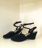 1940s Black Suede Wraparound Ankle Strap Wedges