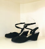 1940s Black Suede Wraparound Ankle Strap Wedges