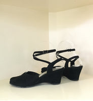 1940s Black Suede Wraparound Ankle Strap Wedges