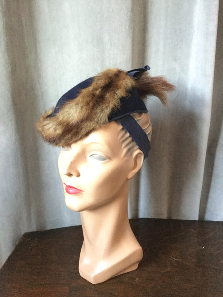 1940s Fur Trimmed Navy Tilt Hat