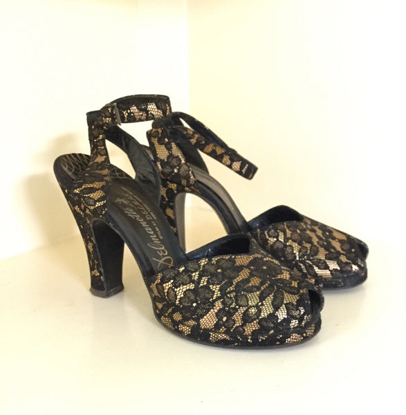 1940s Black and Gold Lace Platforms by Delmanette