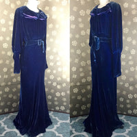 1930s Blue Velvet Bias Cut Evening Gown