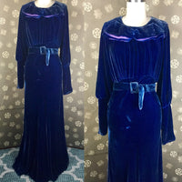 1930s Blue Velvet Bias Cut Evening Gown