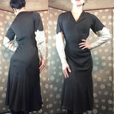 1930s Black Silk Dress with Lace Inset Sleeves
