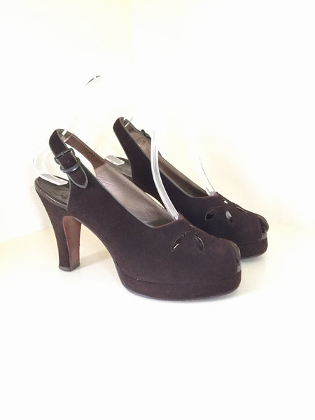 1940s Brown Suede Peeptoe Platforms with Cutouts